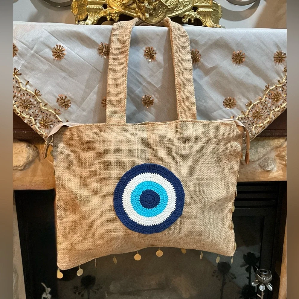 Beige Tote Bag with Blue Evil Eye Design - Picture 1 of 6